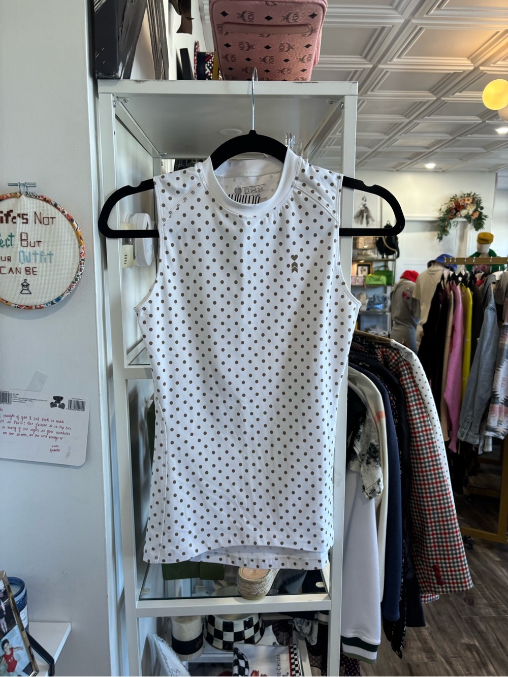 Coer Sleeveless White Tank Top with Brown Polka Dots